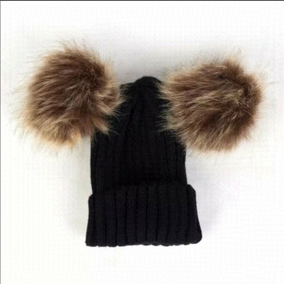 Kid’s Black Double Pom  Pom Beanies - Picture 1 of 3